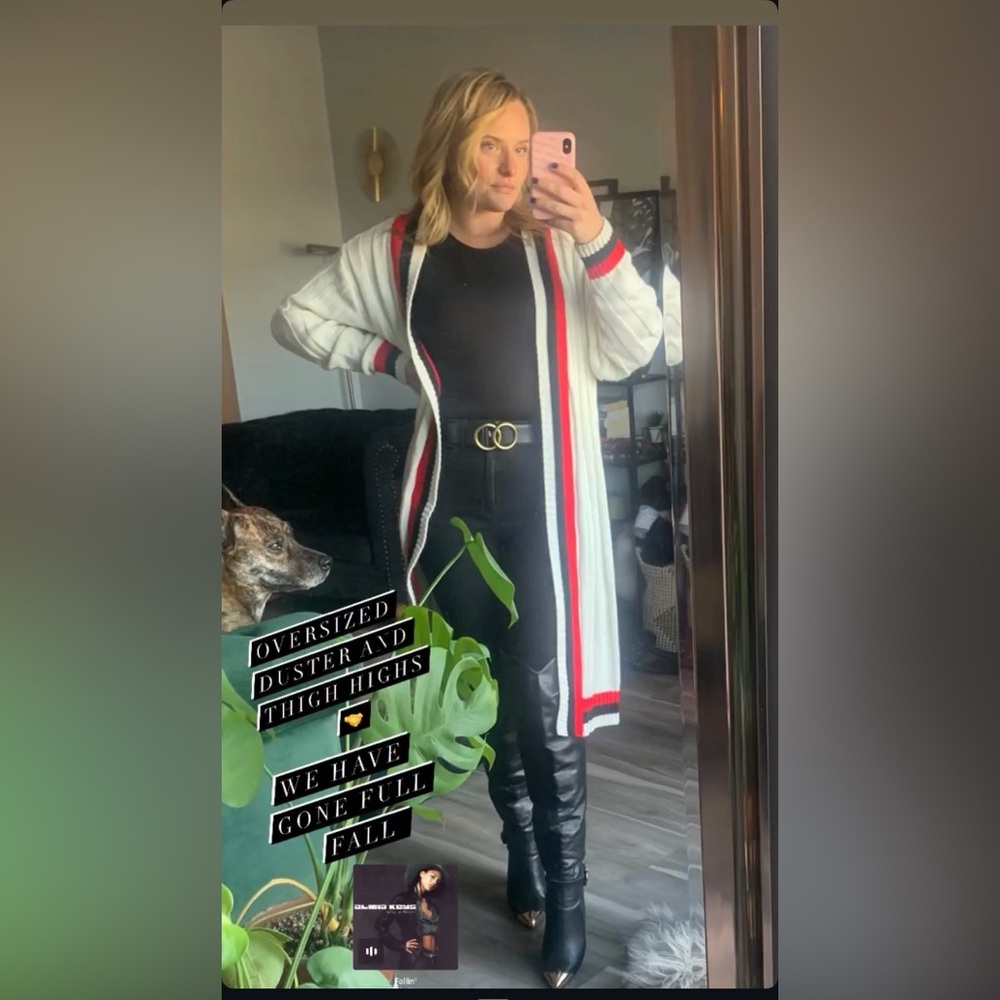 Women's White Cardigan with Red and Black Trim - Picture 4 of 4